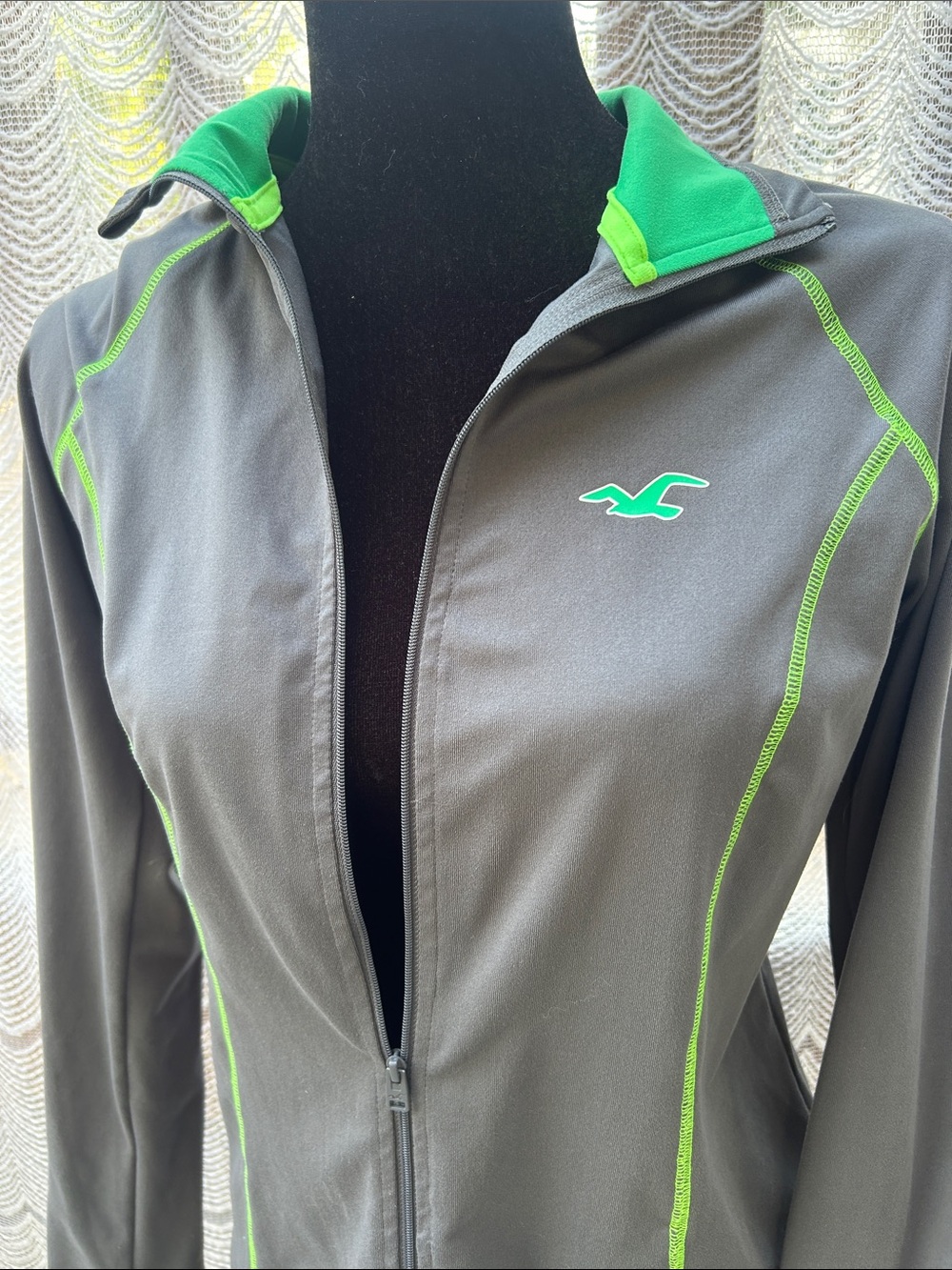 Hollister Women's Gray Jacket with Neon Green Accents